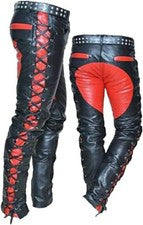 Pantalones de cuero rojos para hombre Pantalones de mezclilla para ciclistas con cordones laterales | Pantalones de cuer