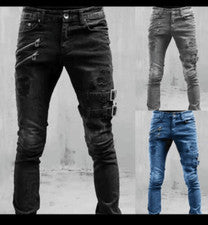 Pantalones de mezclilla informales rasgados ajustados punk con hebilla de motociclista para hombre