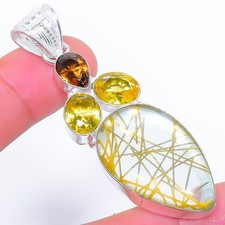 Cuarzo rutilo dorado, piedras preciosas de citrino 925 colgante de joyería de...