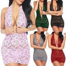 Sexy Mujeres Encaje Profundo Cuello en V Halter Bodycon Vestido Mini Ver a través de Fiesta Prendas para club nocturno