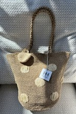 Bolso de Playa Alto Hippie Tejido de Paja Rafia Doble Mango Lunares Nuevo con Etiquetas