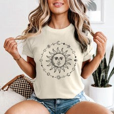Camiseta estilo grabado Celestial Sun Moon Stars para mujer