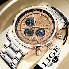 Reloj Pulsera Hombre Lujo Cuarzo Cronógrafo Deportivo Plateado Cuarzo Reloj Fase Lunar