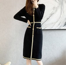 Mujer Moda Vestido Ajustado Largo Cuello Redondo Tejido Manga Larga Falda de Negocios