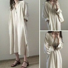 Camisa larga suelta de mujer blusa vestido vintage casual algodón cuello en V oversize