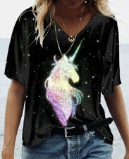 Blusa De Mujer Camiseta Unicornio Moda Suelta De Manga Corta Con Cuello En V Top