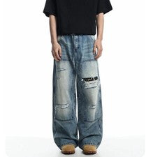 Pantalones de mezclilla azules para hombre de pierna recta agujeros rasgados pantalones informales de moda
