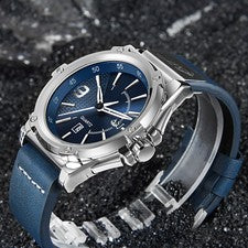 Reloj pulsera deportivo impermeable de cuarzo de cuero genuino azul de lujo para hombre