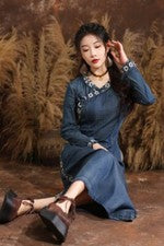 Primavera Para Mujer Moda Retro Simple Color Puro Cuello Redondo Botón Denim Vestido Nuevo
