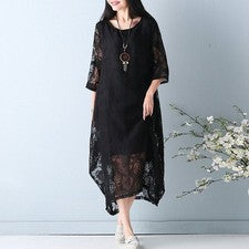 Vestido de mujer vintage informal suelto moda encaje cuello en O manga 3/4 vestido largo