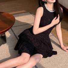 Mini vestido de cumpleaños sin mangas de cintura alta cuello redondo para mujer moda