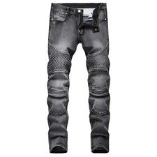Pantalones de mezclilla elásticos de pierna recta elásticos para hombre estilo motocicleta rasgados