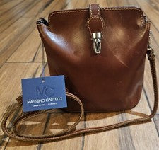 Bolso Bandolera Italiano Massimo Castelli Cuero Marrón Vera Pelle Cartera Nuevo