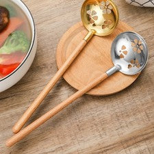 304 Cuchara Coladora Acero Inoxidable con Mango de Madera Lisa para Cocina