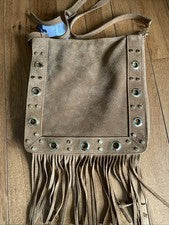 Bolso Bandolera Marlon Italia Cuero Gamuza Genuino Flecos Boho Tachonado Marrón Nuevo con Etiquetas