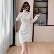 Mujer Moda Guipur Mangas Largas Ajustado Paquete de Cadera Vestido Lápiz Irregular