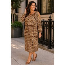 Vestido midi London Times estampado geográfico ojo de cerradura 18W naranja verde manga larga, nuevo con etiquetas