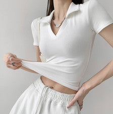 Camiseta de verano de manga corta para mujer Slm Fit informal con cuello en V cuello corto de poloneck