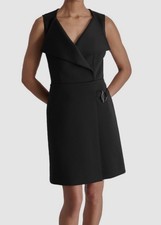 Vestido para mujer DKNY negro cuello flyaway ribete de herrajes línea A talla 6.