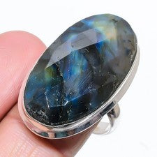 Anillo de joyería de plata de ley 925 hecho a mano con piedras preciosas de labradorita talla 8 l206