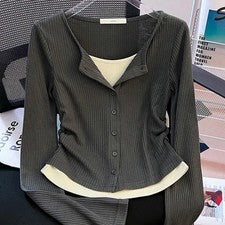 Camiseta para mujer falsa de dos piezas ajustada manga larga prendas de punto coreanas