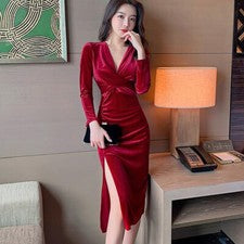 Vestido de terciopelo para mujer vestido midi bodycon entallado volantes cuello en V manga larga noche