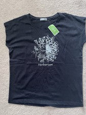 Camiseta negra herbario manga corta mujer dama pequeña S nueva con etiquetas. Pecho 36""