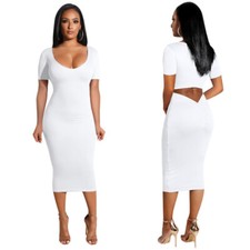 Sexy Vestido Midi Para Mujer Manga Corta Blanco Vendaje Bodycon Fiesta Noche Club M