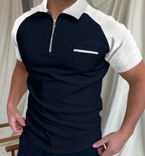 Polo Camiseta Hombre Cremallera Cuello Azul Blanco Contraste Informal Golf Moda