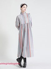 Nuevo Vestido Japonés Para Mujer Moda Retro Rayas Manga Hinchada Simple Informal
