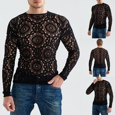Camiseta de moda para hombre manga larga diseño hueco de malla para fiestas de club