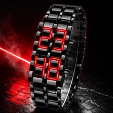 Reloj digital LED para hombre Gunmetal acero inoxidable pulsera pantalla roja retro