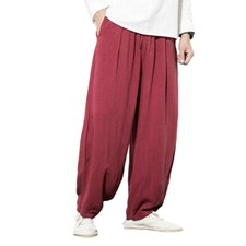 Pantalones harén de algodón y lino para hombre pantalones lisos de pierna ancha pantalones estilo chino