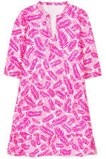 Vestido para mujer - Vestido rosa estampado hoja de palma - Vestido midi - Algodón - Talla pequeña