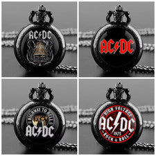 Collar de reloj de bolsillo de cuarzo de acero inoxidable negro con logotipo de banda de rock AC y DC para hombre