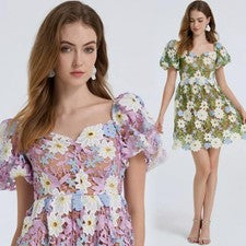 Sexy Vestido Corto Para Mujer Verde Púrpura Floral Bordado Fiesta Moda Cintura Alta