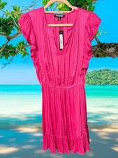 Steve Madden Mujer Talla Pequeña Mini Vestido Cuello en V Sólido Rosa Caliente Volantes $89