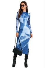 Vestido ceñido al cuerpo azul negro con retazos mangas largas estampado multicolor de moda para mujer