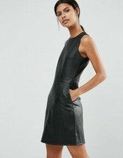 Vestido de cuero negro para mujer de piel de cordero real noche cóctel vestido para dama S M L-009