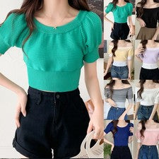 Moda Mujer Slim Fit Camiseta Punto Sin Hombros Color Rayas Verano Estilo
