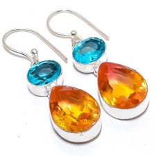 Turmalina bicolor, topacio azul 925 pendiente de joyería de plata esterlina 1,9"