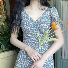 Vestido Para Mujer Moda Francesa Elegante Floral Azul Cuello en V Manga Burbuja