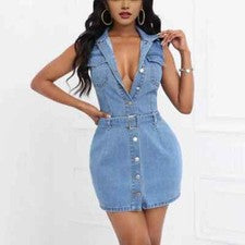 Vestido informal de mezclilla adelgazante para mujer de moda elegante cintura ceñida vestidos midi