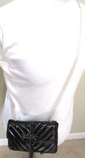 Bolso Bandolera Nicole Miller Para Mujer Negro Chevron Acolchado Correa Cadena Dorada NUEVO