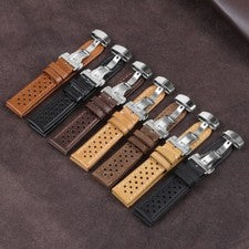 Correa de reloj de cuero transpirable poroso premium para hombre hebilla de mariposa 20 22 mm
