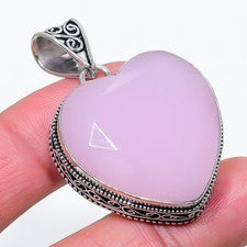Hermosa joyería hecha a mano con colgante vintage de piedras preciosas en forma de corazón de cuarzo rosa de 1,9"