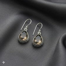 Pendientes colgantes de cuarzo ahumado natural pera minimalistas delicados joyería plata 925