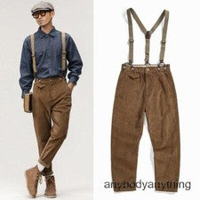 Pantalones rectos de pana estilo británico para hombre Pantalones con tirantes Pantalones de trabajo retro