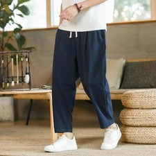 Pantalones harén sueltos de algodón transpirables de lino con cordón para hombre estilo coreano regalo de gimnasio