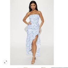Maxi Vestido Moda Nova Azul Floral Sin Tirantes Alto Bajo Volantes Para Mujer S